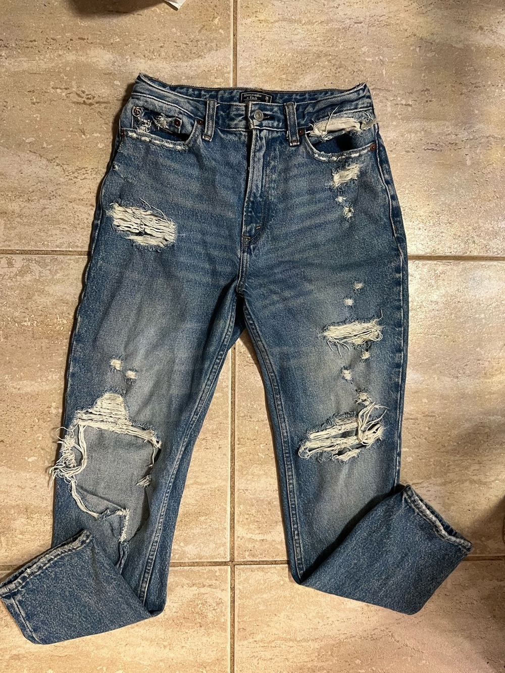 Abercrombie & Fitch Distressed High-Rise Blue Denim Mom Jeans SZ 2r/26 - Picture 6 of 14